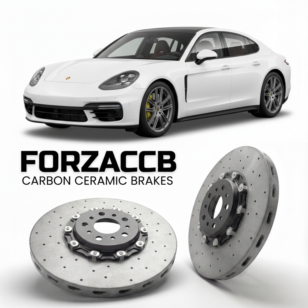 ForzaCCB direct OEM replacement carbon ceramic brake rotors for 2017 and newer Porsche Panamera 4S 971 models, shown with a white Porsche Panamera 4S car.
