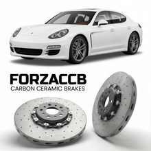 ForzaCCB direct OEM replacement carbon ceramic brake rotors for 2010 to 2016 Porsche Panamera Base models, shown with a white Porsche Panamera Base car.