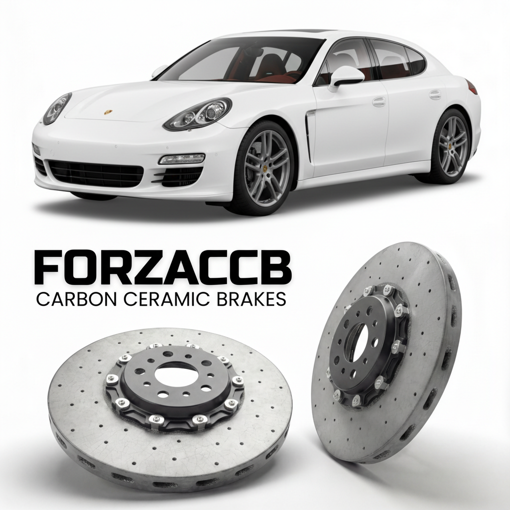 ForzaCCB direct OEM replacement carbon ceramic brake rotors for 2010 to 2016 Porsche Panamera Base models, shown with a white Porsche Panamera Base car.