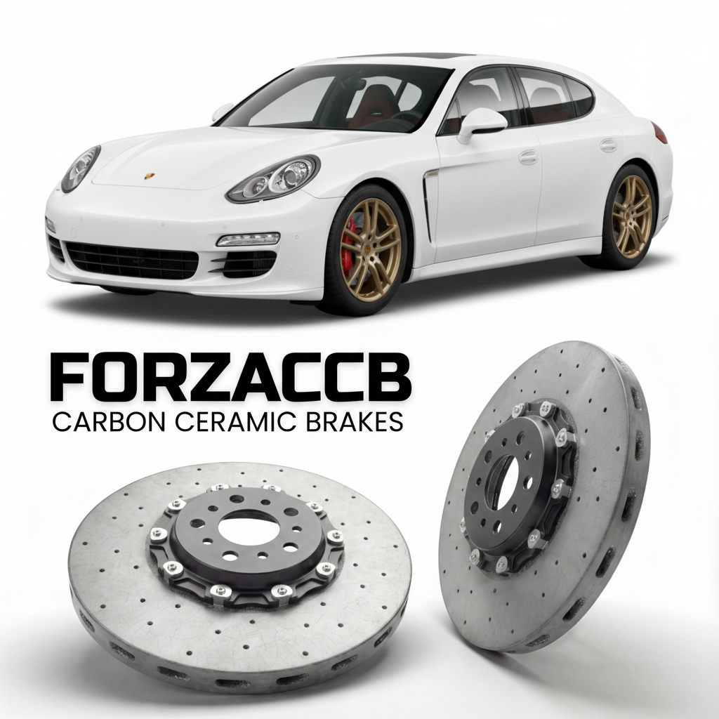 ForzaCCB direct OEM replacement carbon ceramic brake rotors for 2010 to 2016 Porsche Panamera Turbo 970 models, shown with a white Porsche Panamera Turbo car.