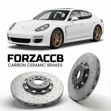 ForzaCCB direct OEM replacement carbon ceramic brake rotors for 2010 to 2016 Porsche Panamera Turbo 970 models, shown with a white Porsche Panamera Turbo car.