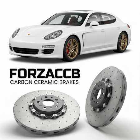 ForzaCCB direct OEM replacement carbon ceramic brake rotors for 2010 to 2016 Porsche Panamera Turbo 970 models, shown with a white Porsche Panamera Turbo car.