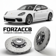 ForzaCCB direct OEM replacement carbon ceramic brake rotors for 2017 and newer Porsche Panamera Turbo 971 models, shown with a white Porsche Panamera Turbo car.