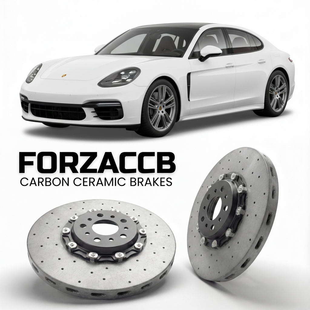 ForzaCCB direct OEM replacement carbon ceramic brake rotors for 2017 and newer Porsche Panamera Turbo 971 models, shown with a white Porsche Panamera Turbo car.