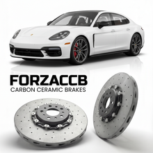 ForzaCCB direct OEM replacement carbon ceramic brake rotors for 2018 and newer Porsche Panamera Turbo S E-Hybrid 971 models, shown with a white Porsche Panamera Turbo S E-Hybrid car.