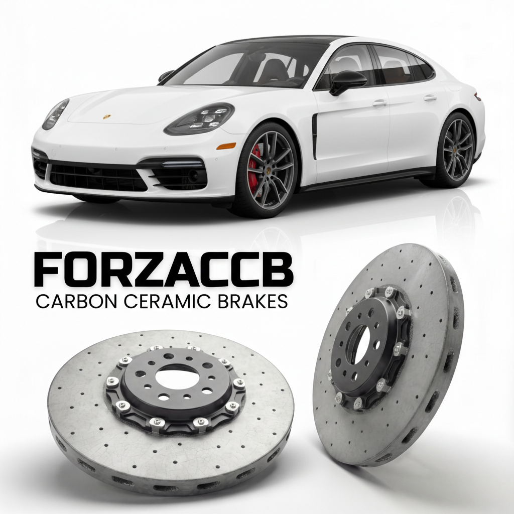 ForzaCCB direct OEM replacement carbon ceramic brake rotors for 2018 and newer Porsche Panamera Turbo S E-Hybrid 971 models, shown with a white Porsche Panamera Turbo S E-Hybrid car.