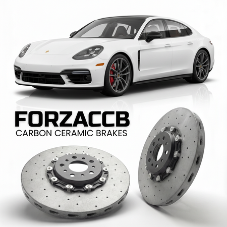 ForzaCCB direct OEM replacement carbon ceramic brake rotors for 2018 and newer Porsche Panamera Turbo S E-Hybrid 971 models, shown with a white Porsche Panamera Turbo S E-Hybrid car.