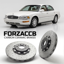 ForzaCCB direct OEM replacement carbon ceramic brake rotors for 2005 to 2005 Buick Park Avenue CW52K models, shown with a white Buick Park Avenue car.