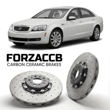 ForzaCCB direct OEM replacement carbon ceramic brake rotors for 2007 to 2012 Buick Park Avenue Shanghai models, shown with a white Buick Park Avenue car.