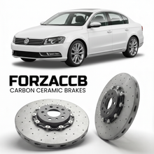 ForzaCCB direct OEM replacement carbon ceramic brake rotors for 2010 to 2014 Volkswagen Passat B7 3C models, shown with a white Volkswagen Passat car.