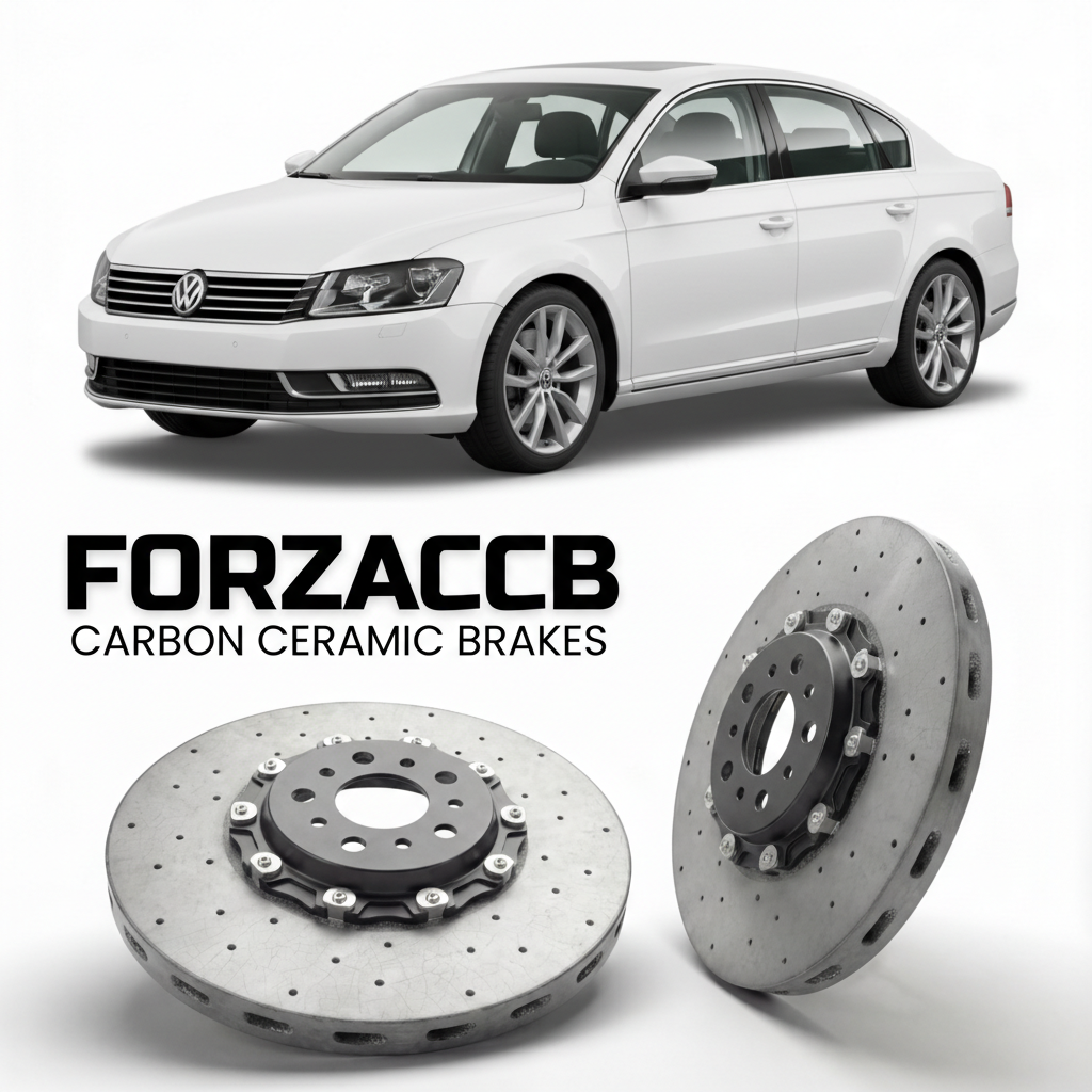 ForzaCCB direct OEM replacement carbon ceramic brake rotors for 2010 to 2014 Volkswagen Passat B7 3C models, shown with a white Volkswagen Passat car.