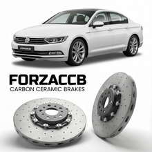 ForzaCCB direct OEM replacement carbon ceramic brake rotors for 2014 to 2023 Volkswagen Passat B8 3G models, shown with a white Volkswagen Passat car.