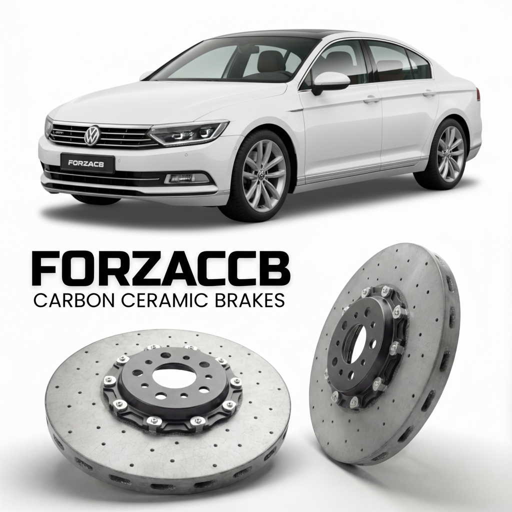 ForzaCCB direct OEM replacement carbon ceramic brake rotors for 2014 to 2023 Volkswagen Passat B8 3G models, shown with a white Volkswagen Passat car.