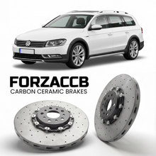 ForzaCCB direct OEM replacement carbon ceramic brake rotors for 2012 to 2014 Volkswagen Passat Alltrack B7 3C models, shown with a white Volkswagen Passat Alltrack car.