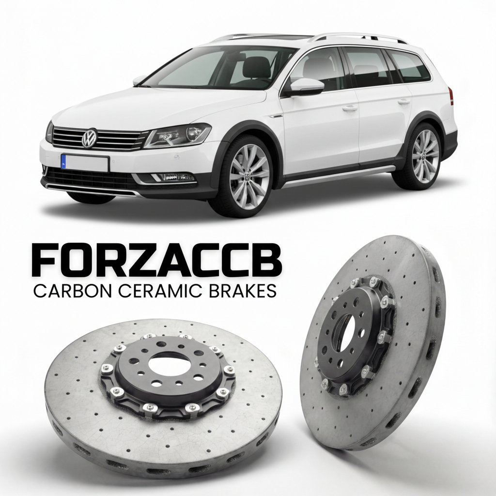 ForzaCCB direct OEM replacement carbon ceramic brake rotors for 2012 to 2014 Volkswagen Passat Alltrack B7 3C models, shown with a white Volkswagen Passat Alltrack car.