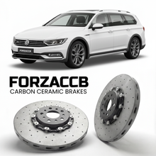 ForzaCCB direct OEM replacement carbon ceramic brake rotors for 2015 to 2023 Volkswagen Passat Alltrack B8 3G models, shown with a white Volkswagen Passat Alltrack car.