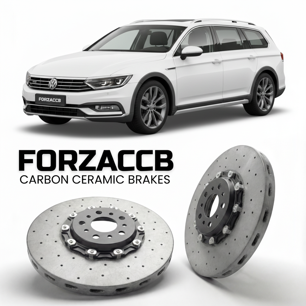ForzaCCB direct OEM replacement carbon ceramic brake rotors for 2015 to 2023 Volkswagen Passat Alltrack B8 3G models, shown with a white Volkswagen Passat Alltrack car.