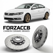 ForzaCCB direct OEM replacement carbon ceramic brake rotors for 2010 to 2012 Volkswagen Passat CC 3C models, shown with a white Volkswagen Passat CC car.