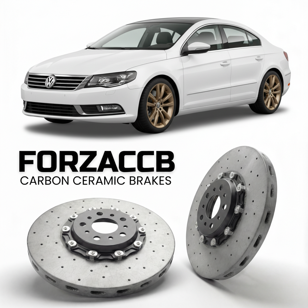 ForzaCCB direct OEM replacement carbon ceramic brake rotors for 2010 to 2012 Volkswagen Passat CC 3C models, shown with a white Volkswagen Passat CC car.