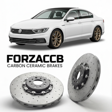 ForzaCCB direct OEM replacement carbon ceramic brake rotors for 2015 to 2023 Volkswagen Passat GTE B8 3G models, shown with a white Volkswagen Passat GTE car.