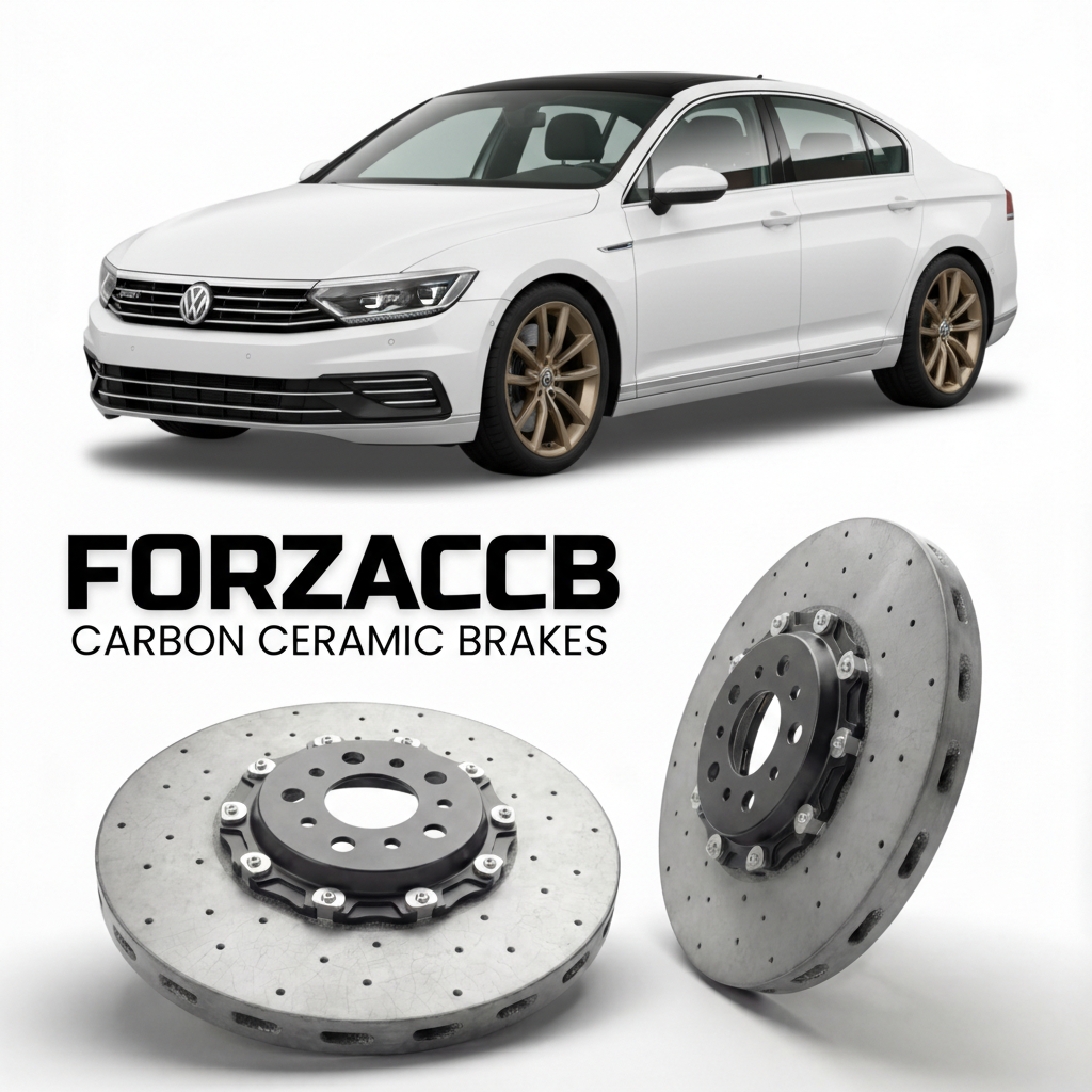 ForzaCCB direct OEM replacement carbon ceramic brake rotors for 2015 to 2023 Volkswagen Passat GTE B8 3G models, shown with a white Volkswagen Passat GTE car.
