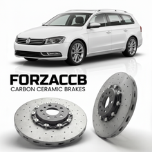 ForzaCCB direct OEM replacement carbon ceramic brake rotors for 2010 to 2014 Volkswagen Passat Variant B7 3C models, shown with a white Volkswagen Passat Variant car.