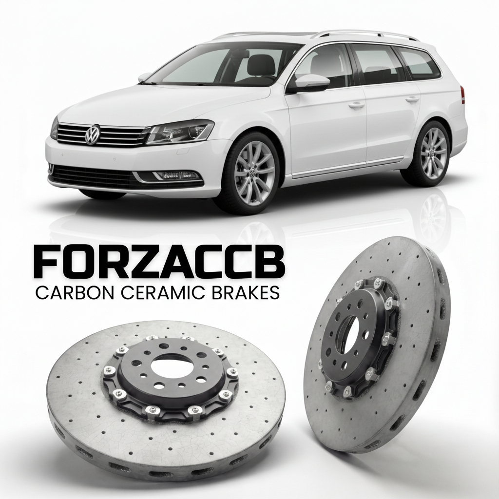 ForzaCCB direct OEM replacement carbon ceramic brake rotors for 2010 to 2014 Volkswagen Passat Variant B7 3C models, shown with a white Volkswagen Passat Variant car.