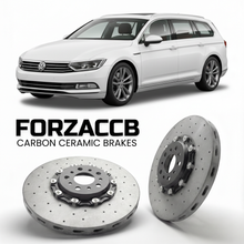 ForzaCCB direct OEM replacement carbon ceramic brake rotors for 2014 to 2023 Volkswagen Passat Variant B8 3G models, shown with a white Volkswagen Passat Variant car.