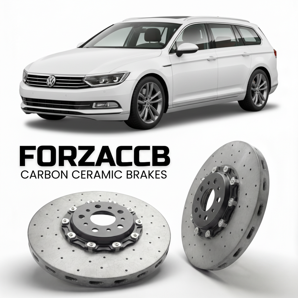 ForzaCCB direct OEM replacement carbon ceramic brake rotors for 2014 to 2023 Volkswagen Passat Variant B8 3G models, shown with a white Volkswagen Passat Variant car.
