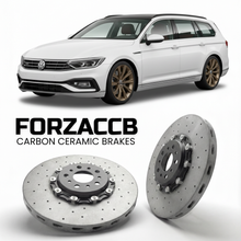 ForzaCCB direct OEM replacement carbon ceramic brake rotors for 2023- Volkswagen Passat Variant B9 3J models, shown with a white Volkswagen Passat Variant car.
