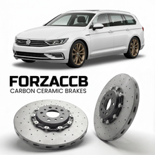 ForzaCCB direct OEM replacement carbon ceramic brake rotors for 2015 to 2023 Volkswagen Passat Variant GTE B8 3G models, shown with a white Volkswagen Passat Variant GTE car.