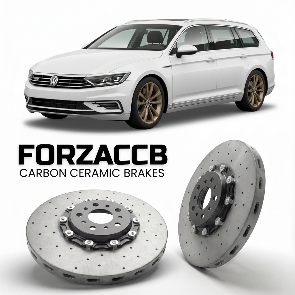 ForzaCCB direct OEM replacement carbon ceramic brake rotors for 2015 to 2023 Volkswagen Passat Variant GTE B8 3G models, shown with a white Volkswagen Passat Variant GTE car.