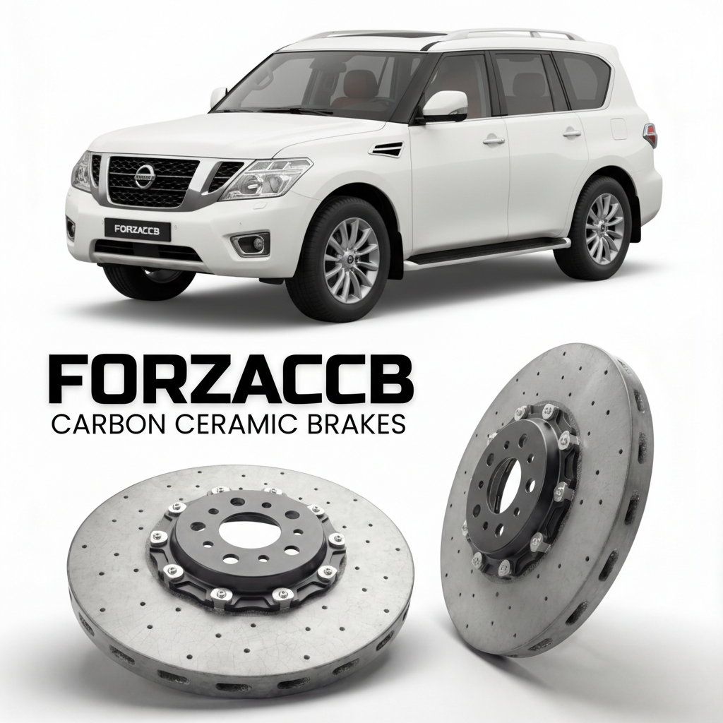 ForzaCCB direct OEM replacement carbon ceramic brake rotors for 2010 to 2024 Nissan Patrol Y62 models, shown with a white Nissan Patrol car.