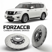 ForzaCCB direct OEM replacement carbon ceramic brake rotors for 2010 to 2024 Nissan Patrol Y62 models, shown with a white Nissan Patrol car.