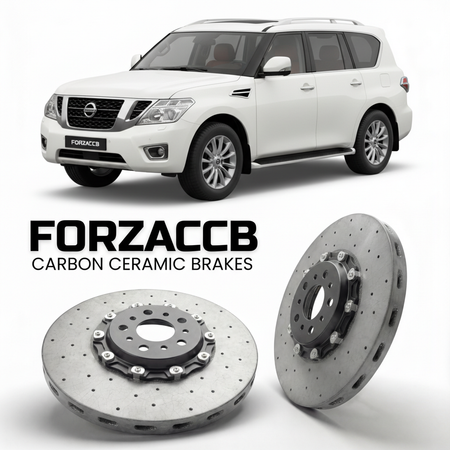ForzaCCB direct OEM replacement carbon ceramic brake rotors for 2010 to 2024 Nissan Patrol Y62 models, shown with a white Nissan Patrol car.