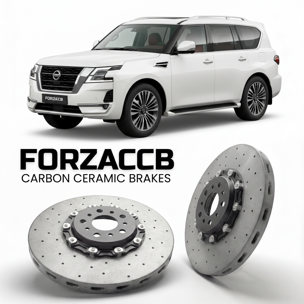 ForzaCCB direct OEM replacement carbon ceramic brake rotors for 2024 and newer Nissan Patrol Y63 models, shown with a white Nissan Patrol car.