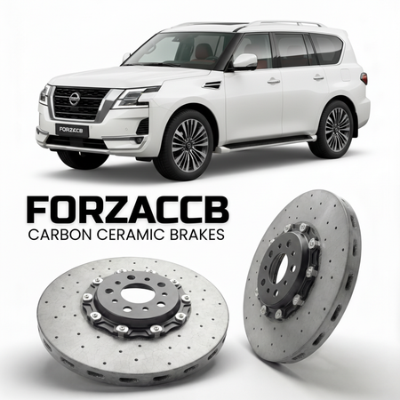 ForzaCCB direct OEM replacement carbon ceramic brake rotors for 2024 and newer Nissan Patrol Y63 models, shown with a white Nissan Patrol car.