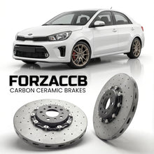 ForzaCCB direct OEM replacement carbon ceramic brake rotors for 2017 and newer Kia Pegas models, shown with a white Kia Pegas car.