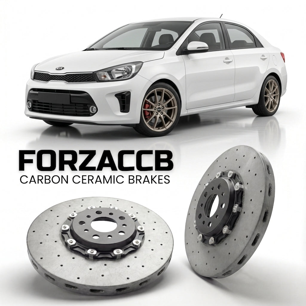 ForzaCCB direct OEM replacement carbon ceramic brake rotors for 2017 and newer Kia Pegas models, shown with a white Kia Pegas car.