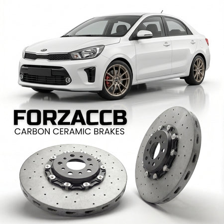 ForzaCCB direct OEM replacement carbon ceramic brake rotors for 2017 and newer Kia Pegas models, shown with a white Kia Pegas car.