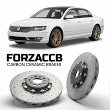 ForzaCCB direct OEM replacement carbon ceramic brake rotors for 2010 to 2016 Volkswagen Phaeton GP3/GP4 models, shown with a white Volkswagen Phaeton car.