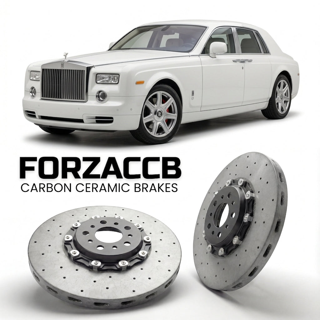 ForzaCCB direct OEM replacement carbon ceramic brake rotors for 2005 to 2012 Rolls-Royce Phantom VII models, shown with a white Rolls-Royce Phantom car.
