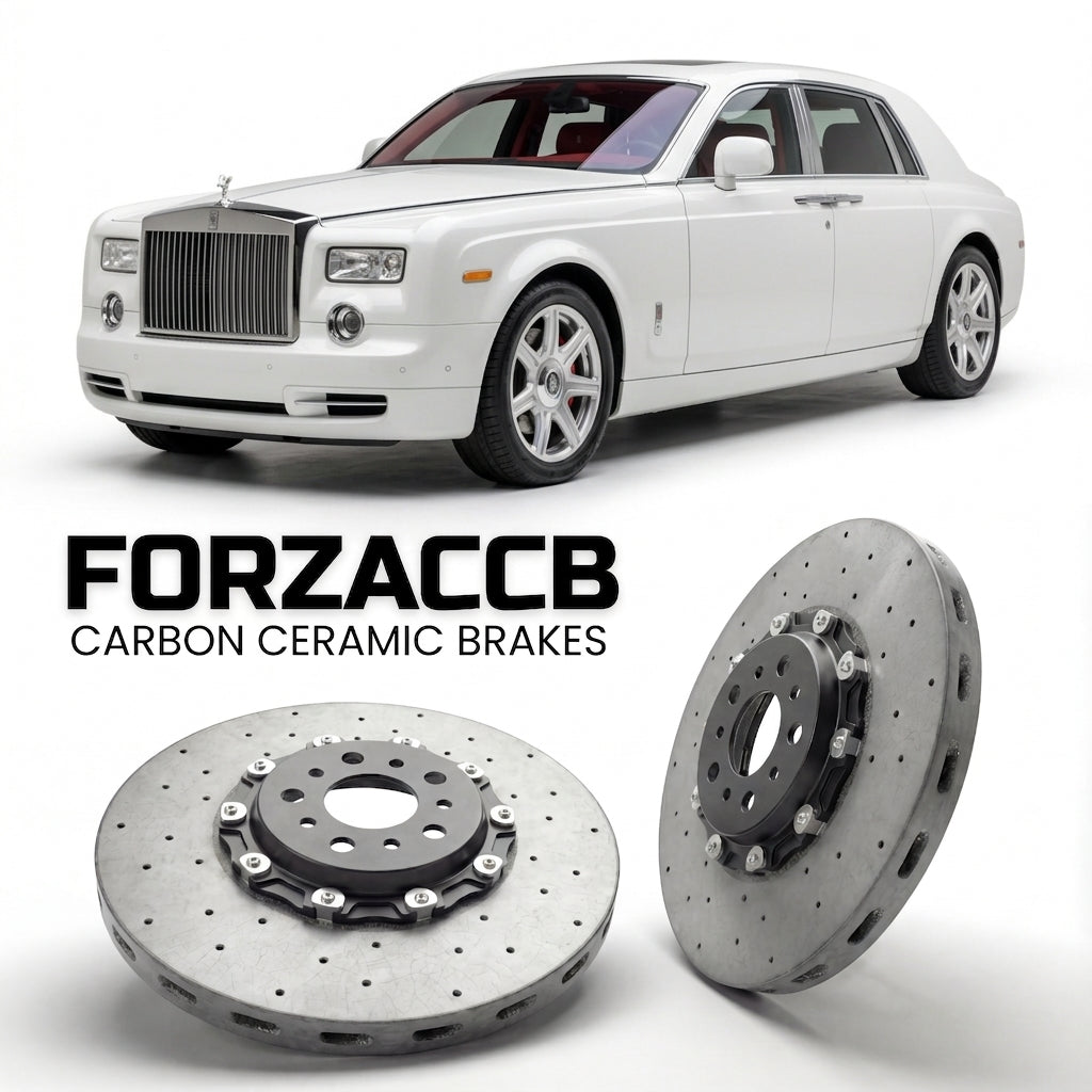 ForzaCCB direct OEM replacement carbon ceramic brake rotors for 2005 to 2012 Rolls-Royce Phantom VII Extended Wheelbase models, shown with a white Rolls-Royce Phantom car.