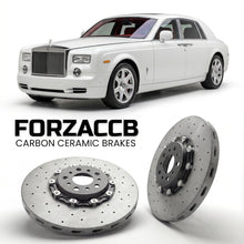 ForzaCCB direct OEM replacement carbon ceramic brake rotors for 2005 to 2012 Rolls-Royce Phantom VII Extended Wheelbase models, shown with a white Rolls-Royce Phantom car.