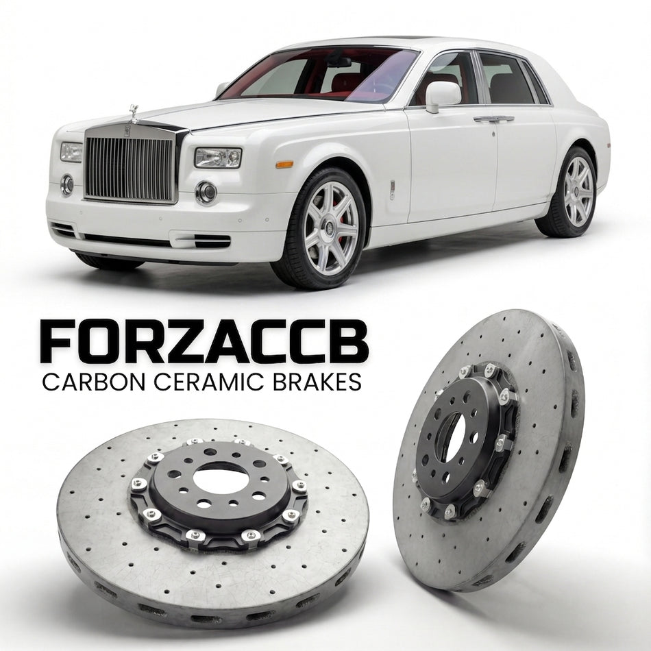 ForzaCCB direct OEM replacement carbon ceramic brake rotors for 2005 to 2012 Rolls-Royce Phantom VII Extended Wheelbase models, shown with a white Rolls-Royce Phantom car.