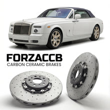 ForzaCCB direct OEM replacement carbon ceramic brake rotors for 2007 to 2016 Rolls-Royce Phantom Drophead Coupe models, shown with a white Rolls-Royce Phantom car.