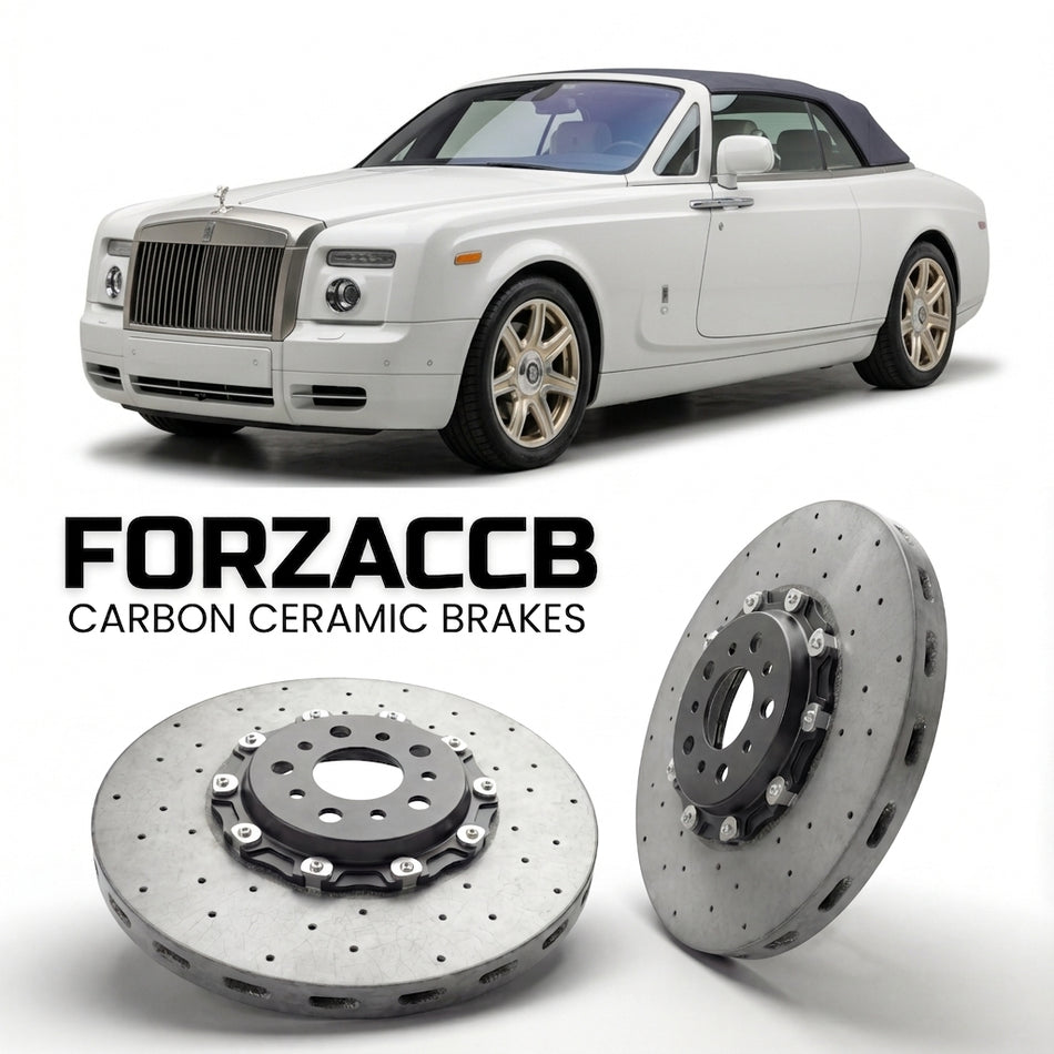 ForzaCCB direct OEM replacement carbon ceramic brake rotors for 2007 to 2016 Rolls-Royce Phantom Drophead Coupe models, shown with a white Rolls-Royce Phantom car.