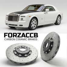 ForzaCCB direct OEM replacement carbon ceramic brake rotors for 2008 to 2012 Rolls-Royce Phantom Coupe models, shown with a white Rolls-Royce Phantom car.