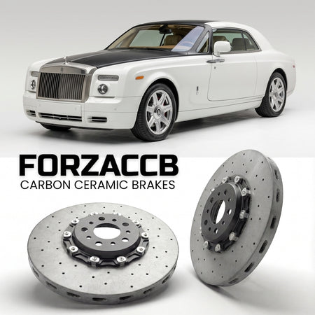 ForzaCCB direct OEM replacement carbon ceramic brake rotors for 2008 to 2012 Rolls-Royce Phantom Coupe models, shown with a white Rolls-Royce Phantom car.