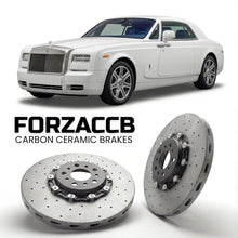 ForzaCCB direct OEM replacement carbon ceramic brake rotors for 2012-2016) Rolls-Royce Phantom Coupe (facelift 2012 models, shown with a white Rolls-Royce Phantom car.